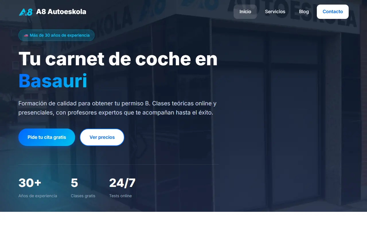 Captura de la web de A8 Autoeskola